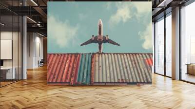 Cargo plane flying abroad, flying over containers, logistics management system, air transportation, international freight Wall mural