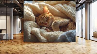 Cat in a cozy blanket, curled up and sleeping peacefully, soft lighting, fluffy and warm indoor environment Wall mural