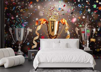 Champion trophy or winner's trophy in gold and silver chrome for winning football match with celebration confetti and ribbon decoration as wide banner with copy Wall mural