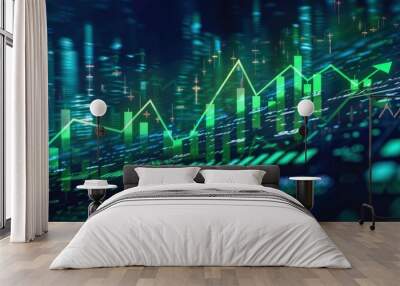 Digital illustration of stock market trading graph, finance, business with green arrow and uptrend chart. Wall mural