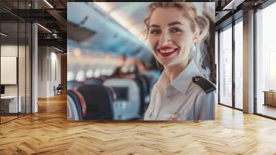 Female stewardesses on the plane wait to serve passengers. to board the flight happily and absolutely safe Wall mural