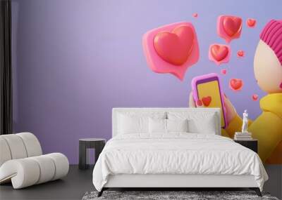 hand holding cell phone heart notification icon on 3d cartoon speech bubble Wall mural