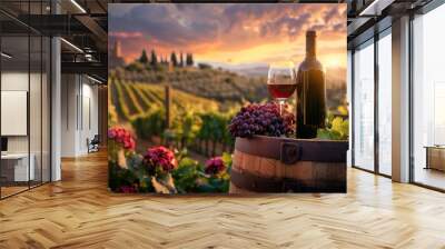 photograph of Red wine bottle, wine glass and wooden barrels. Beautiful Tuscany Italian vineyard background Wall mural