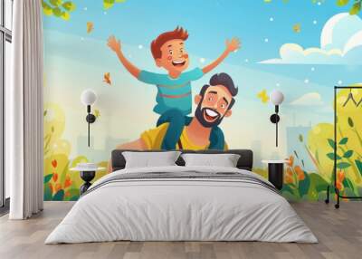 Portrait of happy father riding behind son and looking up, Vector Cartoon illustration... Wall mural