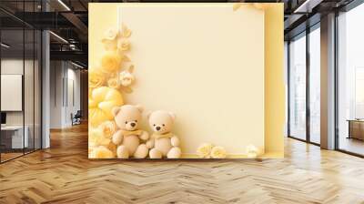 pastel yellow background template with 2 teddy bears, AIgenerated  Wall mural