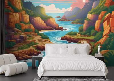 beach cove paradise jungle illustration Wall mural