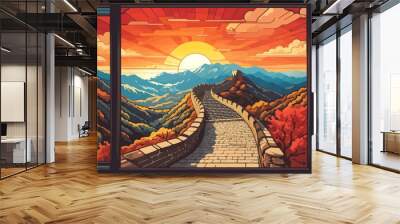 Great Wall of China retro stained glass illustration Wall mural