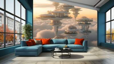 A serene futuristic city floating above the clouds Wall mural