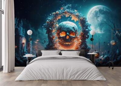 Abstract Zombie Skull and Halloween pumpkin Of garden forest cemetery at night full moon beautiful .Ai generate Wall mural