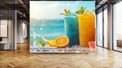 holiday sunlight vacation summer sea view cool slush with fruit juice drink various. Tropical Beach Cocktail fruit Refreshment copy space area background Wall mural