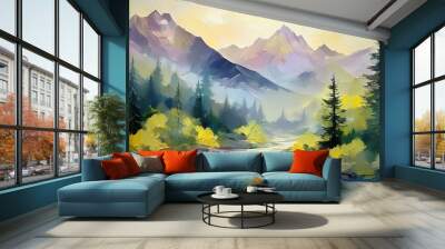 A painting of a forest with mountains in the background. The trees are green and the sky is blue. The mood of the painting is peaceful and serene Wall mural