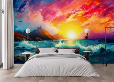 Colorful sky and ocean wave abstract background. Oil painting style. Wall mural