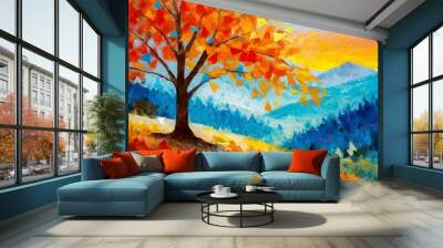 Painting of a tree with colorful flowers in the autumn season. Oil color painting. Generative AI. Wall mural