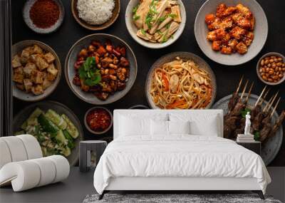 chinese food, chinese traditional cuisine dishes on dark background, top view, copy space Wall mural