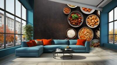 chinese food, chinese traditional cuisine dishes on dark background, top view, copy space Wall mural