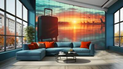 baggage travel with blur sunset airport background waiting for departure concept Wall mural