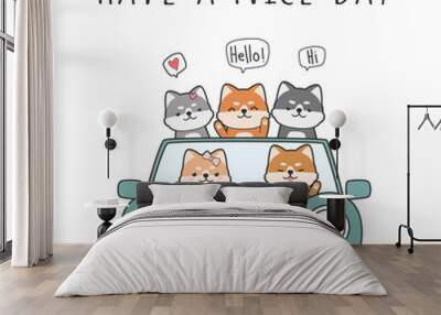 Cute adorable shiba inu japanese dog driving a car cartoon doodle vector Wall mural