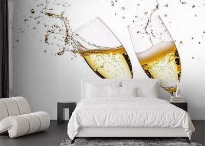 two glasses of champagne with water splashing isolated on white background Wall mural