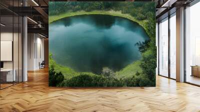 Aerial view of natural pond surrounded by pine trees in Fanal, Madeira island, Portugal Wall mural