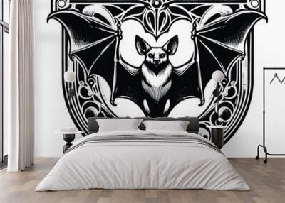 Bat with art nouveau decoration, stencil logo, black and white animal illustration Wall mural