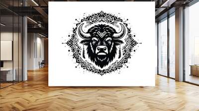 Buffalo in bohemian black and white silhouette illustration Wall mural