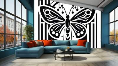 Butterfly insect with art deco decoration, stencil logo, black and white animal illustration Wall mural