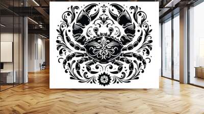 crab with victorian flourish decoration, stencil logo, black and white animal illustration Wall mural