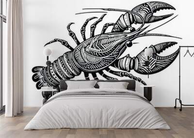 Crayfish in zentangle art, stencil logo, black and white animal illustration Wall mural