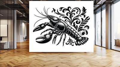 Crayfish with victorian flourish decoration, stencil logo, black and white animal illustration Wall mural