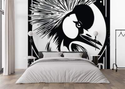 Crowned Crane bird in Tarot card black and white silhouette illustration Wall mural