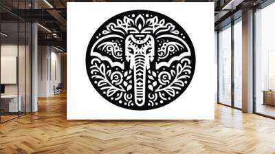 Elephant in folk art black and white silhouette illustration Wall mural