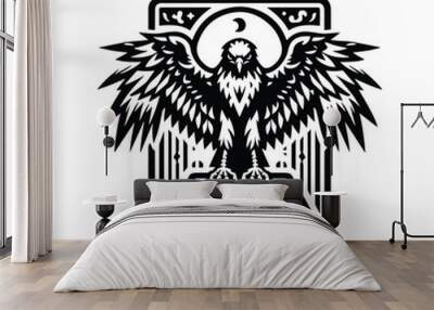 Hawk bird in Tarot card black and white silhouette illustration Wall mural