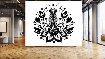 Mantis in folk art black and white silhouette illustration Wall mural