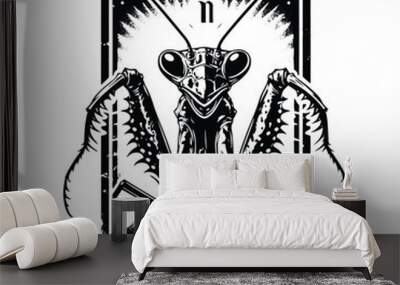 Mantis in Tarot card black and white silhouette illustration Wall mural