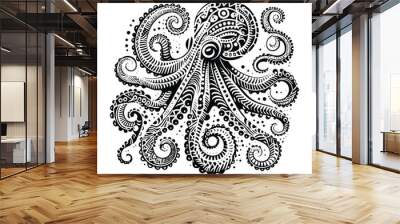 Octopus in zentangle art, stencil logo, black and white animal illustration Wall mural