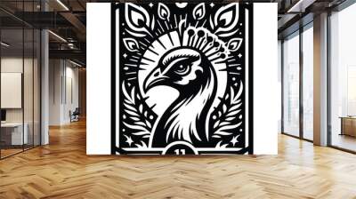 Peacock bird in Tarot card black and white silhouette illustration Wall mural