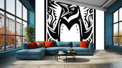 Penguin bird in Tarot card black and white silhouette illustration Wall mural