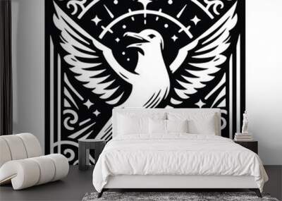 Seagull bird in Tarot card black and white silhouette illustration Wall mural