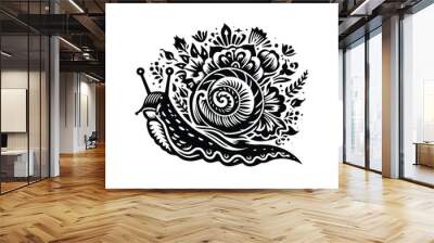 snail in folk art black and white silhouette illustration Wall mural