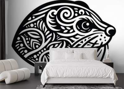 Weasel in zentangle art, stencil logo, black and white animal illustration Wall mural