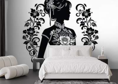 woman wear traditional fashion Chinese cheongsam with intricate embroidery Wall mural