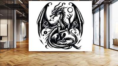 wyvern dragon with tarot card decoration in black and white illustrations, cutout graphic Wall mural