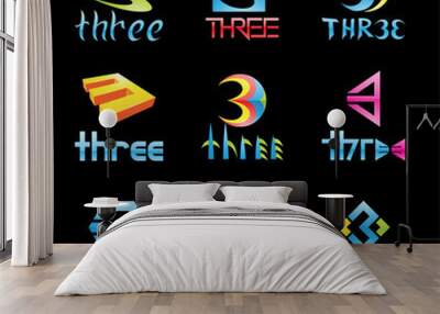 Colorful Glossy Number 3 Icons on a Black Background Wall mural