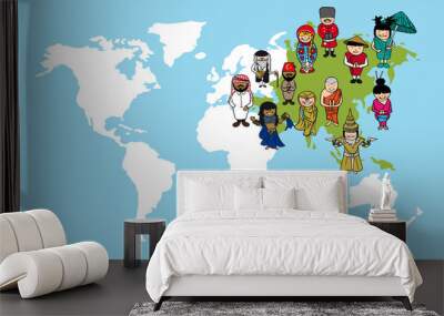 Asian people cartoons, world map diversity illustration. Wall mural