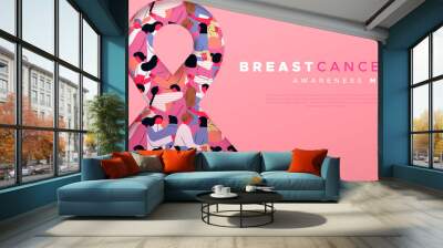 Breast cancer awareness month pink ribbon with diverse people group Wall mural