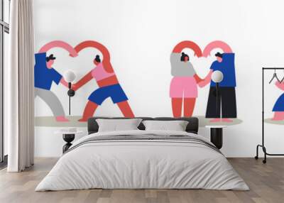 Cartoon people couple love yoga pose set isolated Wall mural