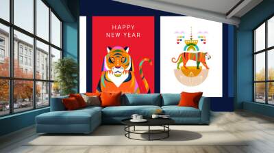 Chinese New Year 2022 tiger color cartoon card set Wall mural