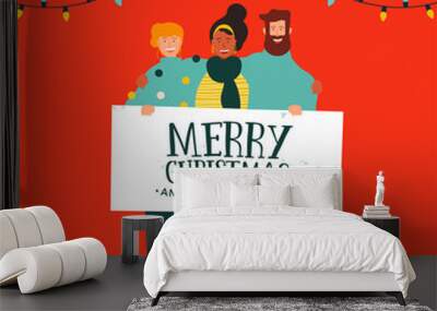 Christmas and New Year card of diverse people team Wall mural