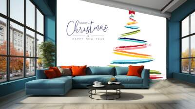 Christmas and New Year color hand drawn tree card Wall mural