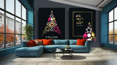 Christmas and New Year gold pine tree card set Wall mural